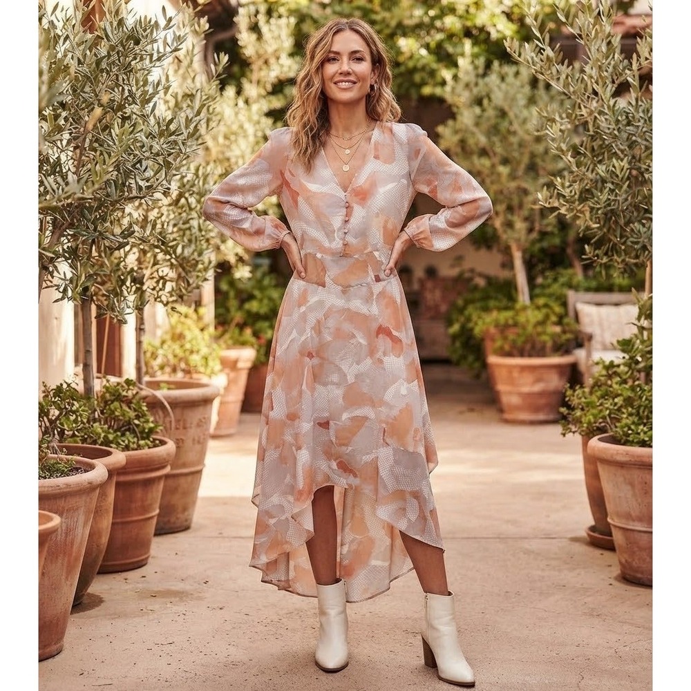 Express Womens Abstract Floral High Low Midi Dress Orange Pink Long Sleeve M
